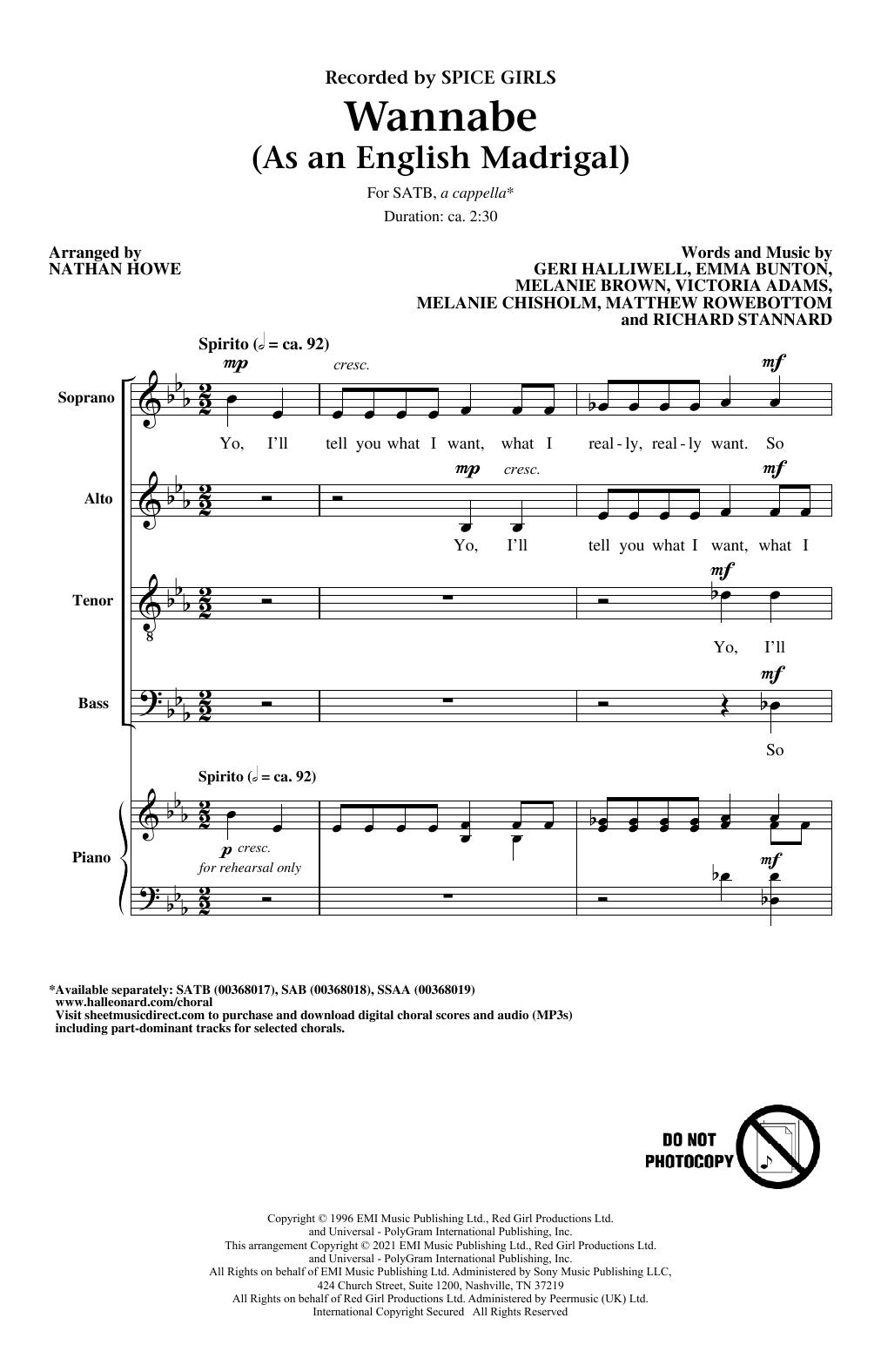 Download Spice Girls Wannabe (As an English Madrigal) (arr. Nathan Howe) Sheet Music and learn how to play SATB Choir PDF digital score in minutes