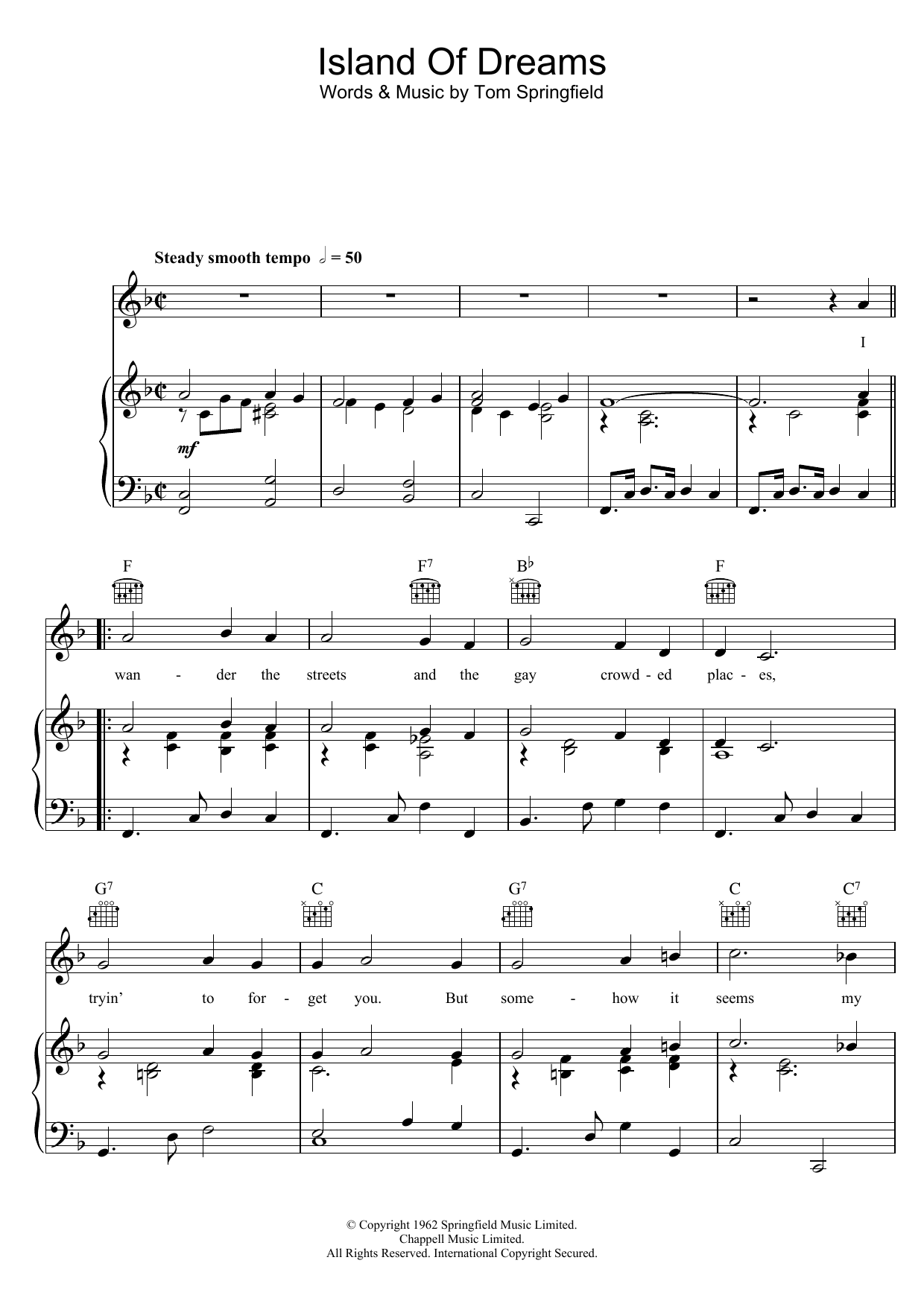Download The Springfields Island Of Dreams Sheet Music and learn how to play Piano, Vocal & Guitar (Right-Hand Melody) PDF digital score in minutes