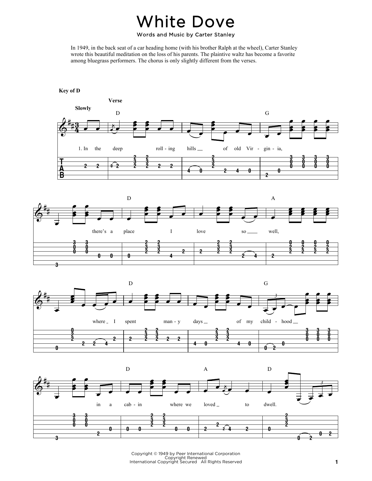 Download The Stanley Brothers White Dove (arr. Fred Sokolow) Sheet Music and learn how to play Solo Guitar PDF digital score in minutes