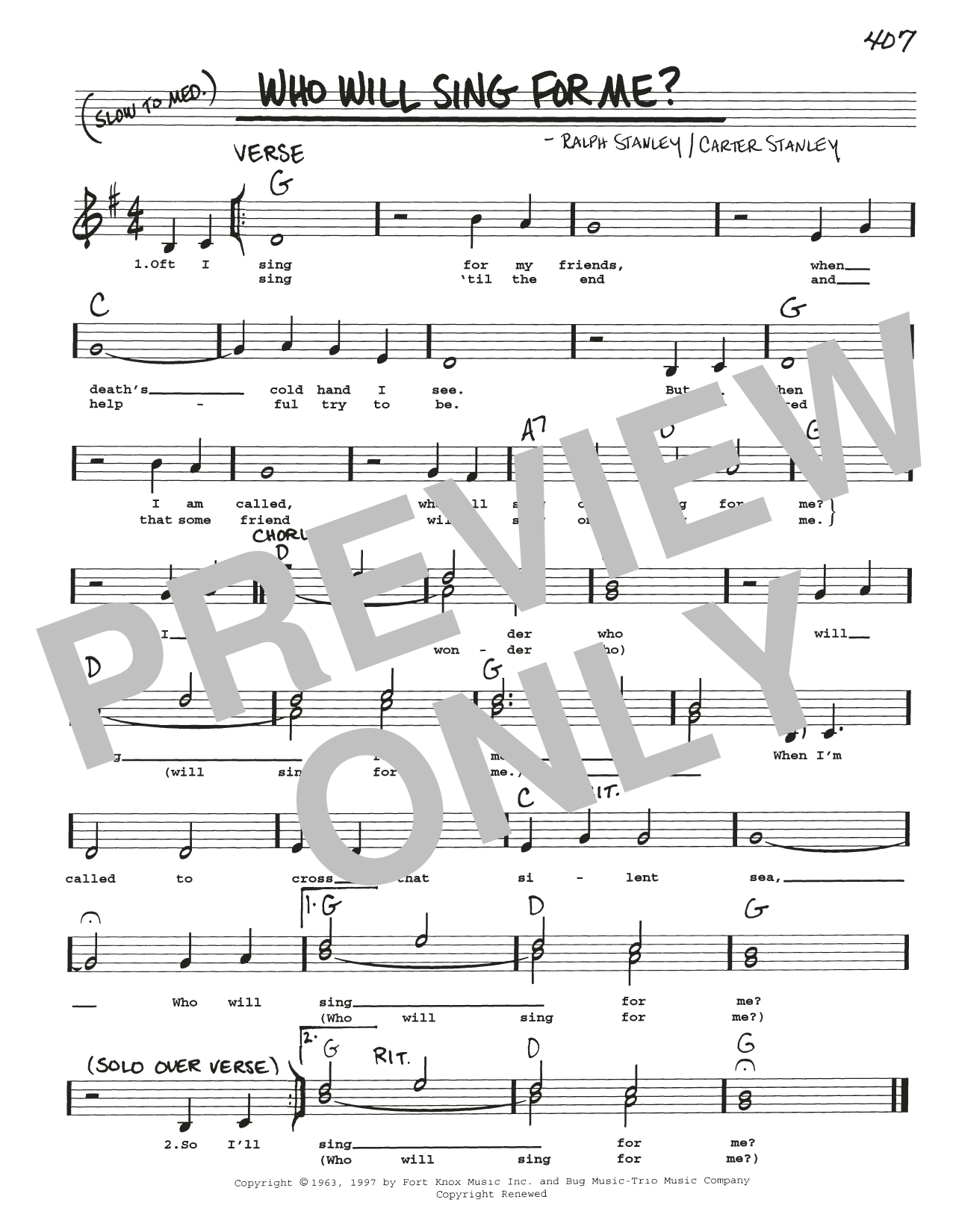 Download The Stanley Brothers Who Will Sing For Me? Sheet Music and learn how to play Real Book – Melody, Lyrics & Chords PDF digital score in minutes