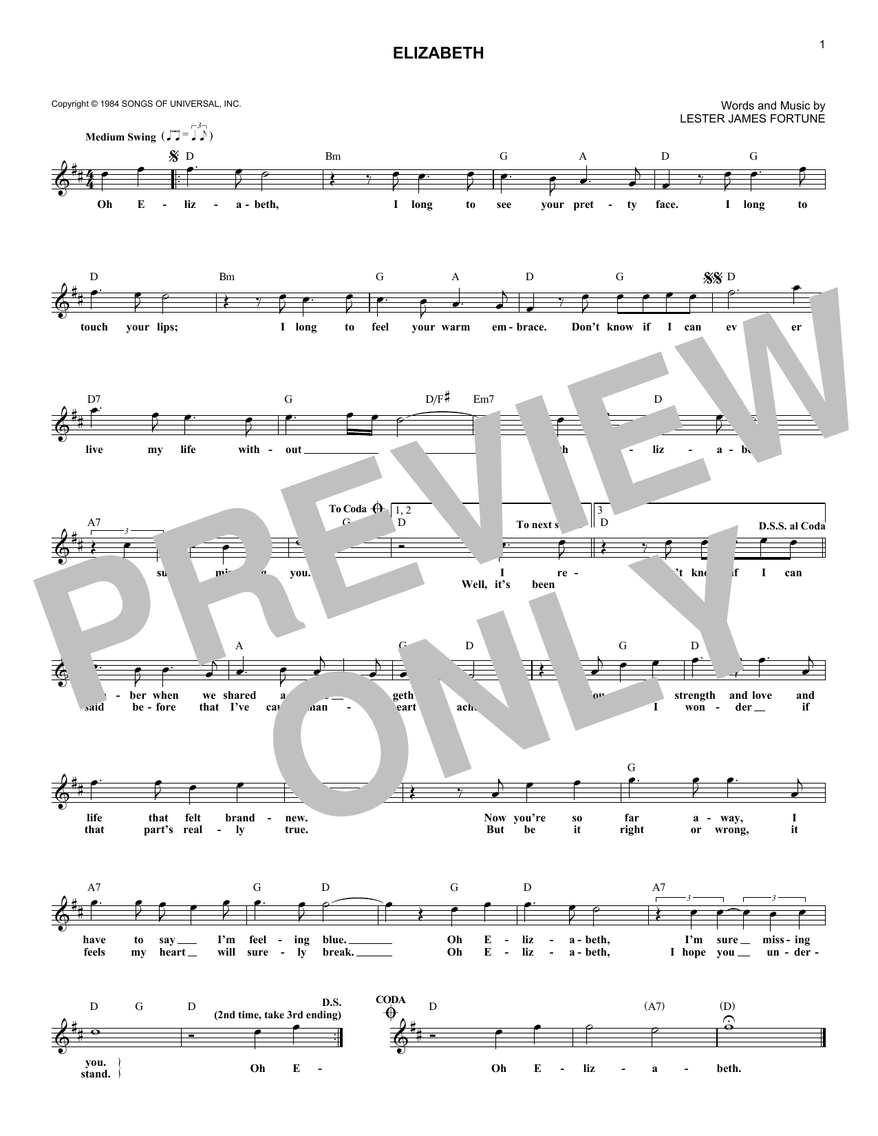 Download The Statler Brothers Elizabeth Sheet Music and learn how to play Melody Line, Lyrics & Chords PDF digital score in minutes