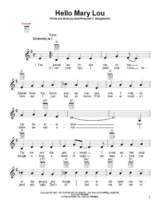 Download Statler Brothers Hello Mary Lou Sheet Music and learn how to play Ukulele PDF digital score in minutes