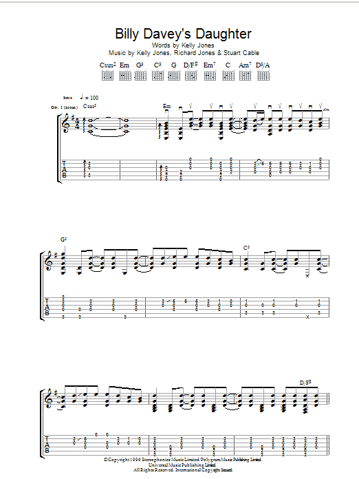 Download Stereophonics Billy Davey's Daughter Sheet Music and learn how to play Guitar Tab PDF digital score in minutes