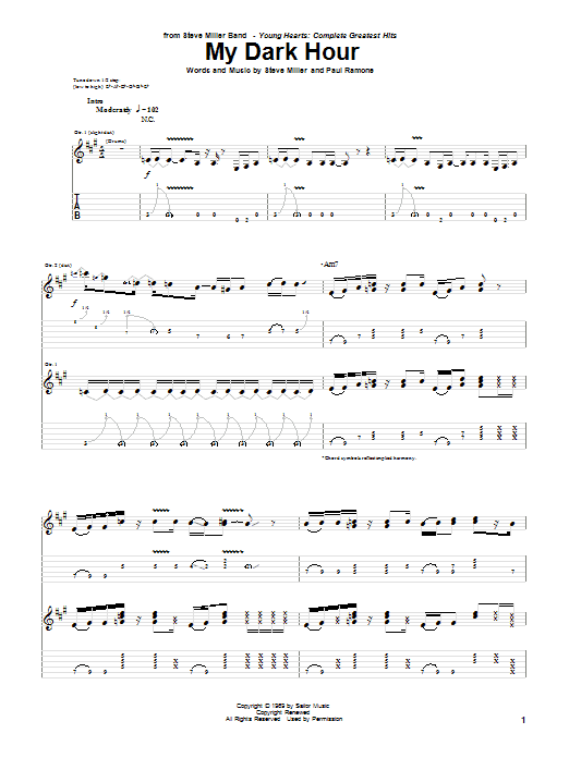 Download Steve Miller Band My Dark Hour Sheet Music and learn how to play Guitar Tab PDF digital score in minutes