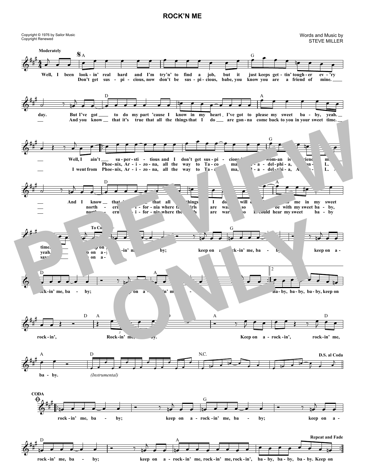 Download Steve Miller Band Rock'n Me Sheet Music and learn how to play Melody Line, Lyrics & Chords PDF digital score in minutes