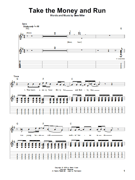 Download The Steve Miller Band Take The Money And Run Sheet Music and learn how to play Guitar Tab Play-Along PDF digital score in minutes