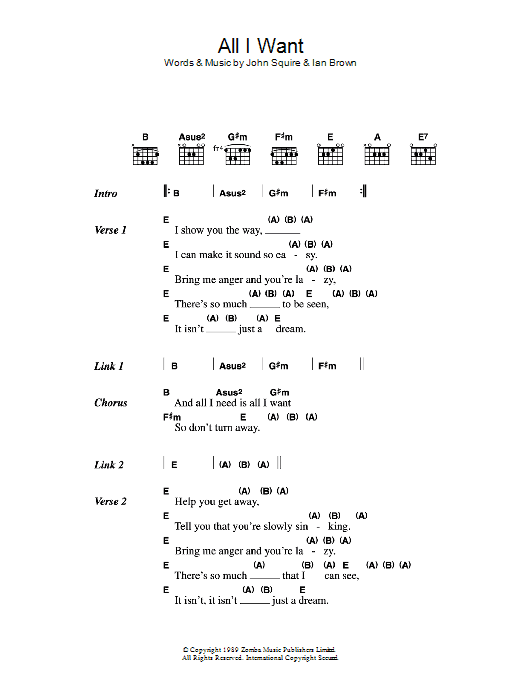 Download The Stone Roses All I Want Sheet Music and learn how to play Lyrics & Chords PDF digital score in minutes