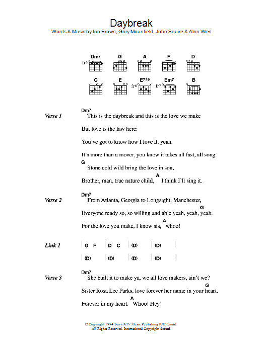 Download The Stone Roses Daybreak Sheet Music and learn how to play Lyrics & Chords PDF digital score in minutes