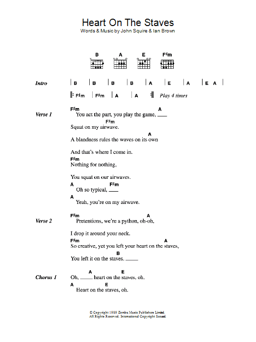 Download The Stone Roses Heart On The Staves Sheet Music and learn how to play Lyrics & Chords PDF digital score in minutes