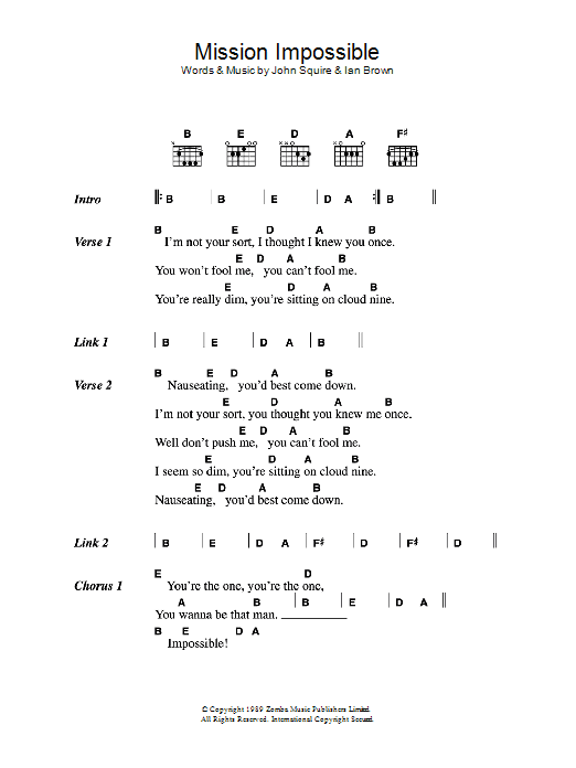 Download The Stone Roses Mission Impossible Sheet Music and learn how to play Lyrics & Chords PDF digital score in minutes