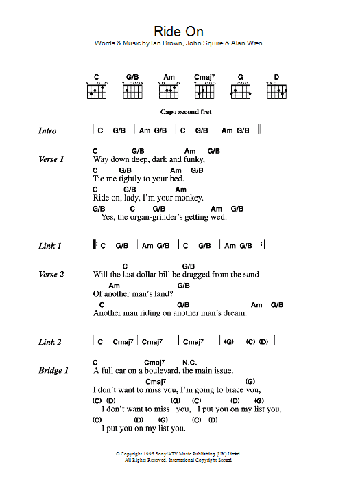 Download The Stone Roses Ride On Sheet Music and learn how to play Lyrics & Chords PDF digital score in minutes