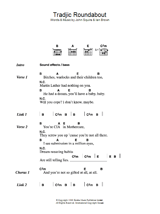Download The Stone Roses Tradjic Roundabout Sheet Music and learn how to play Lyrics & Chords PDF digital score in minutes