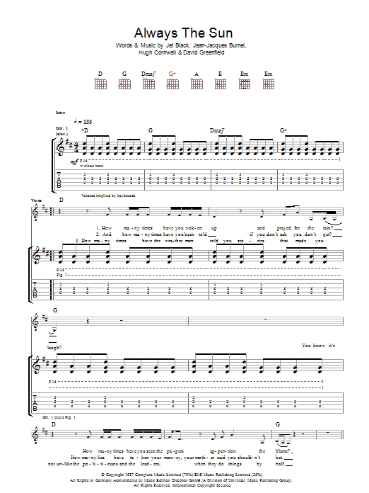 Download The Stranglers Always The Sun Sheet Music and learn how to play Guitar Tab PDF digital score in minutes