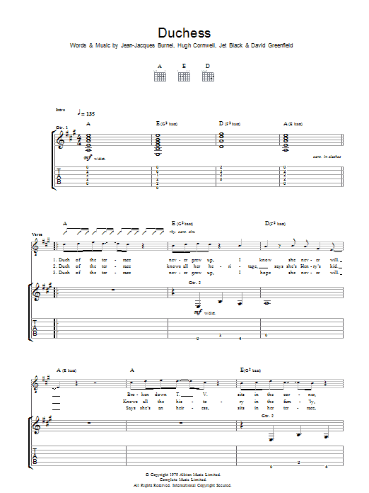 Download The Stranglers Duchess Sheet Music and learn how to play Guitar Tab PDF digital score in minutes