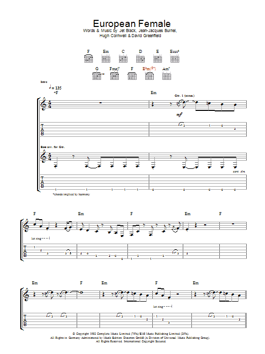 Download The Stranglers European Female Sheet Music and learn how to play Guitar Tab PDF digital score in minutes