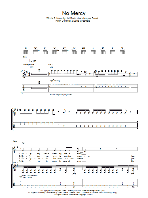 Download The Stranglers No Mercy Sheet Music and learn how to play Guitar Tab PDF digital score in minutes