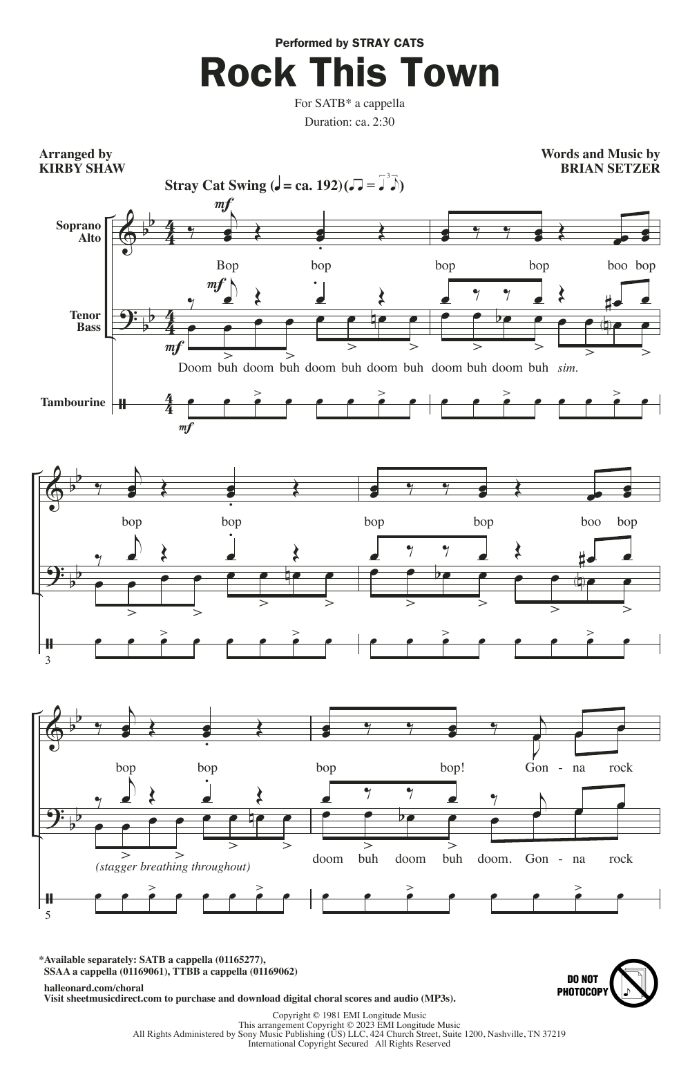 Download Stray Cats Rock This Town (arr. Kirby Shaw) Sheet Music and learn how to play SATB Choir PDF digital score in minutes