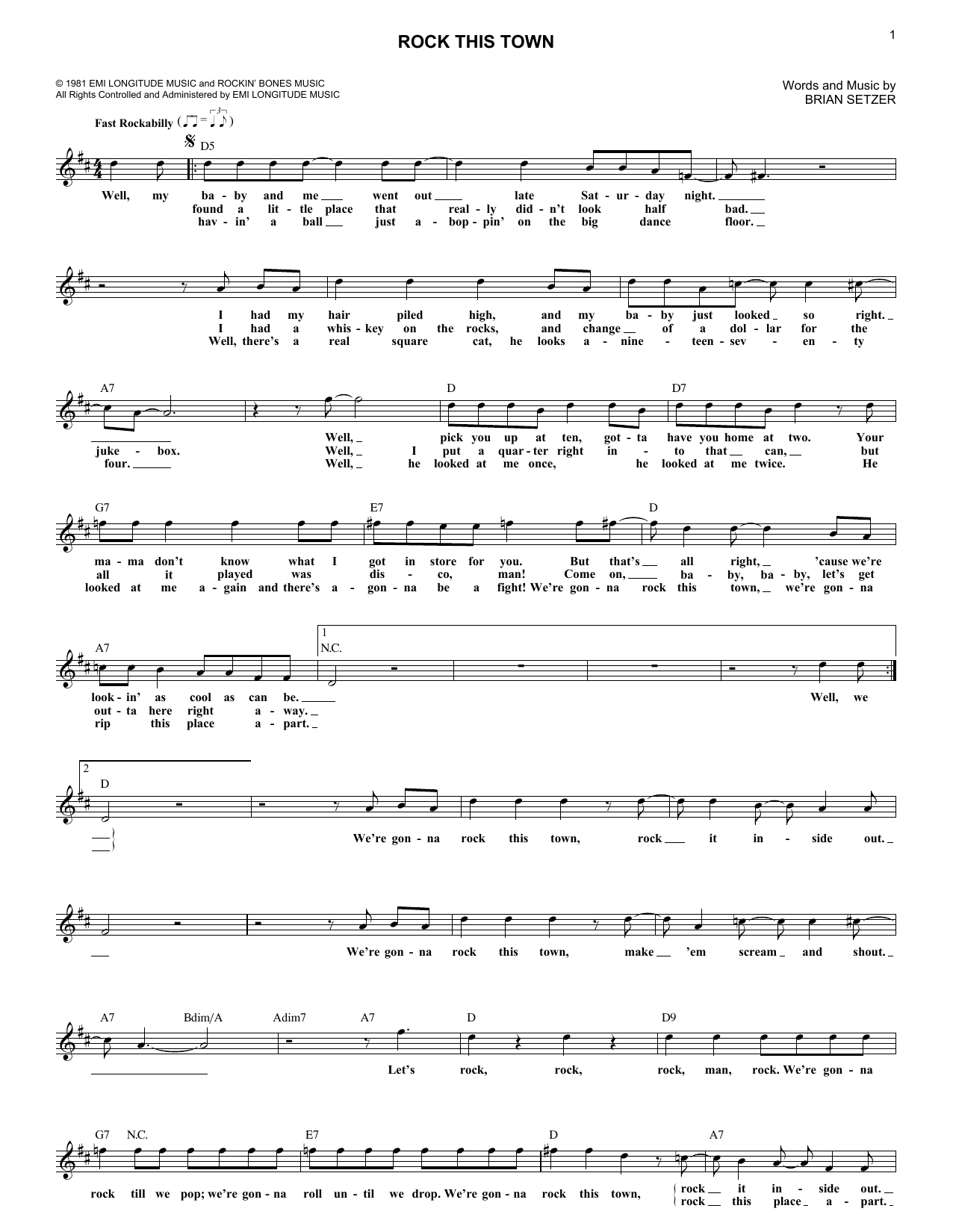 Download Stray Cats Rock This Town Sheet Music and learn how to play Melody Line, Lyrics & Chords PDF digital score in minutes