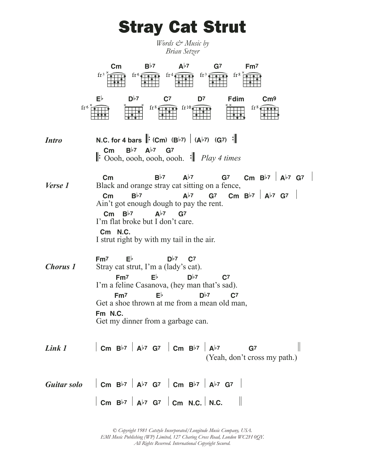 Download The Stray Cats Stray Cat Strut Sheet Music and learn how to play Lyrics & Chords PDF digital score in minutes