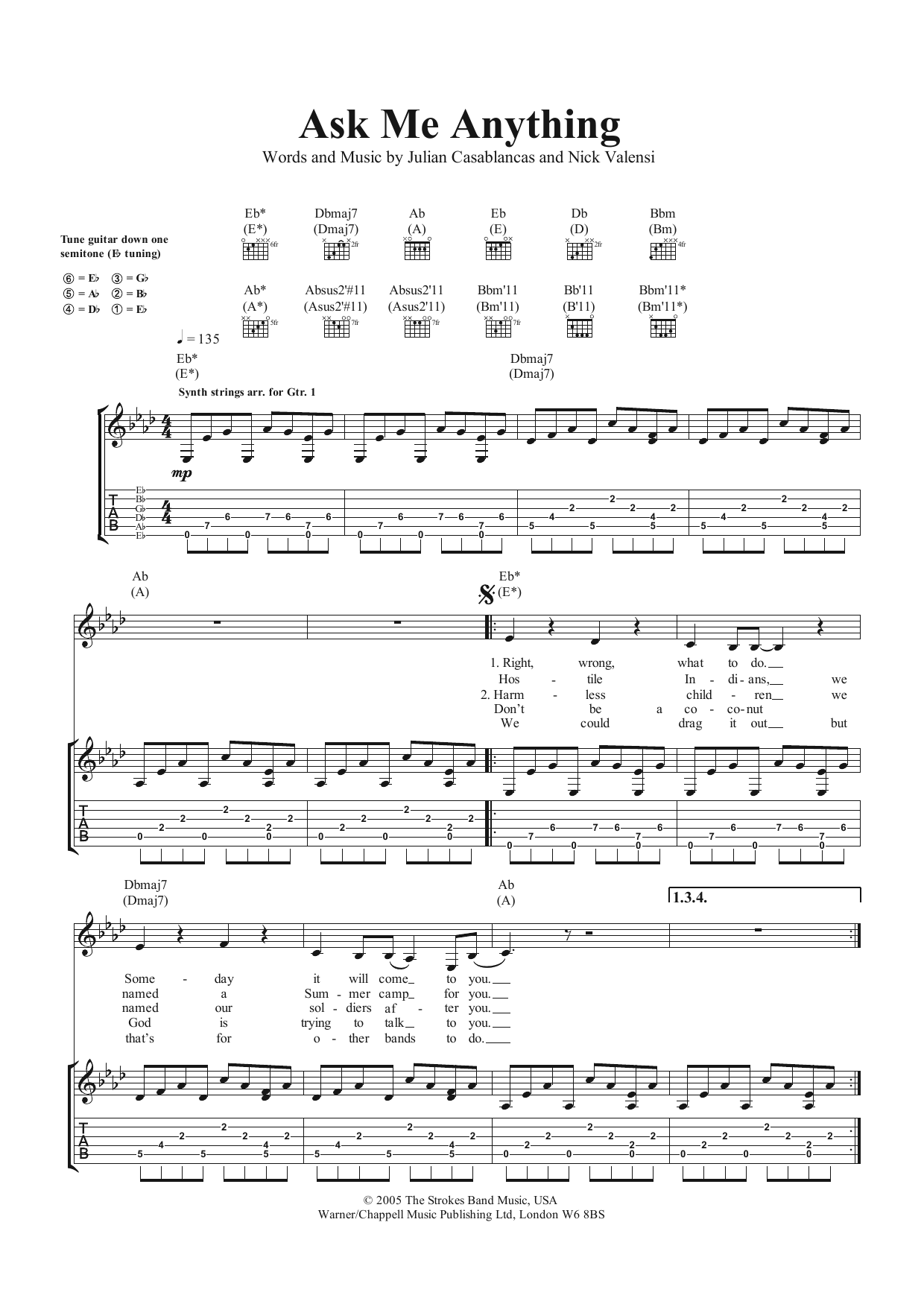 Download The Strokes Ask Me Anything Sheet Music and learn how to play Guitar Tab PDF digital score in minutes