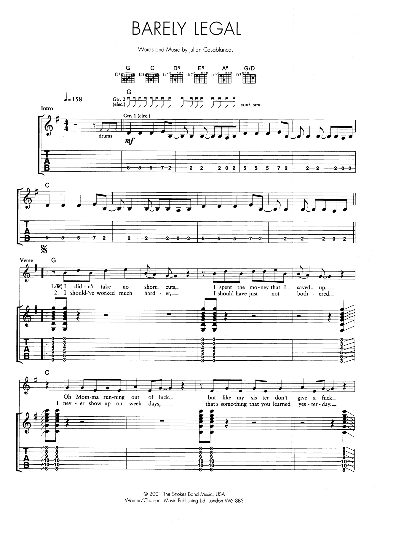 Download The Strokes Barely Legal Sheet Music and learn how to play Guitar Tab PDF digital score in minutes