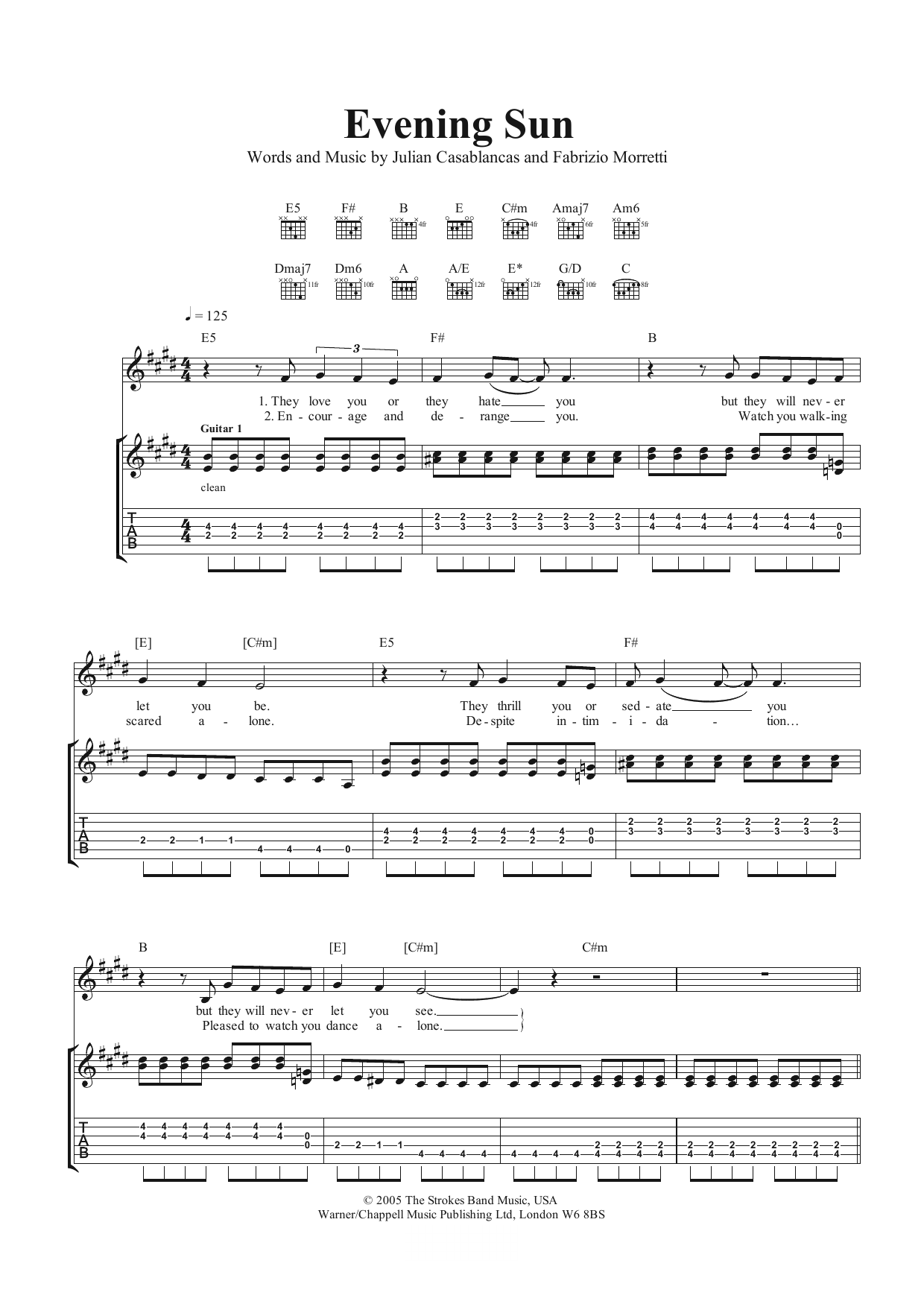 Download The Strokes Evening Sun Sheet Music and learn how to play Guitar Tab PDF digital score in minutes