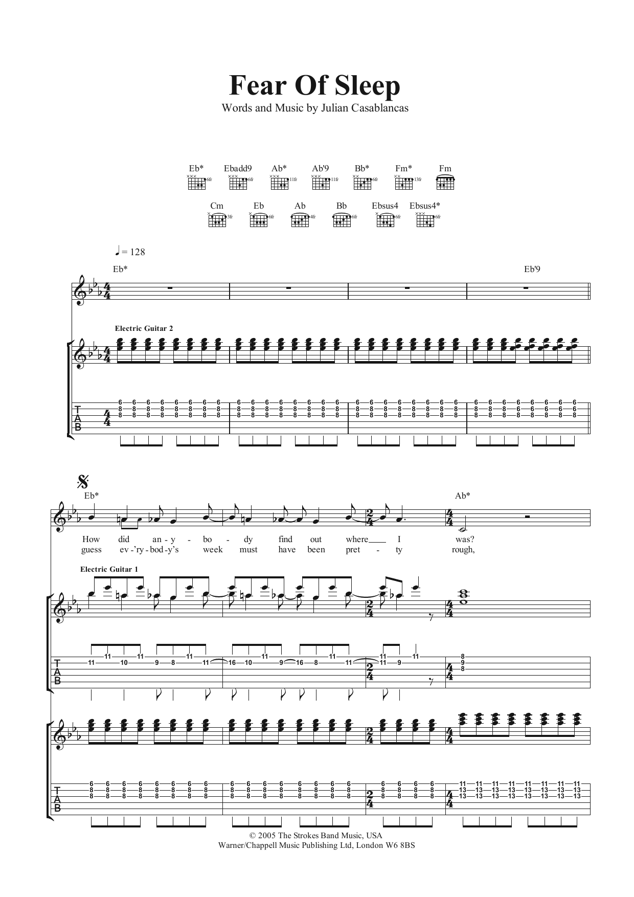 Download The Strokes Fear Of Sleep Sheet Music and learn how to play Guitar Tab PDF digital score in minutes