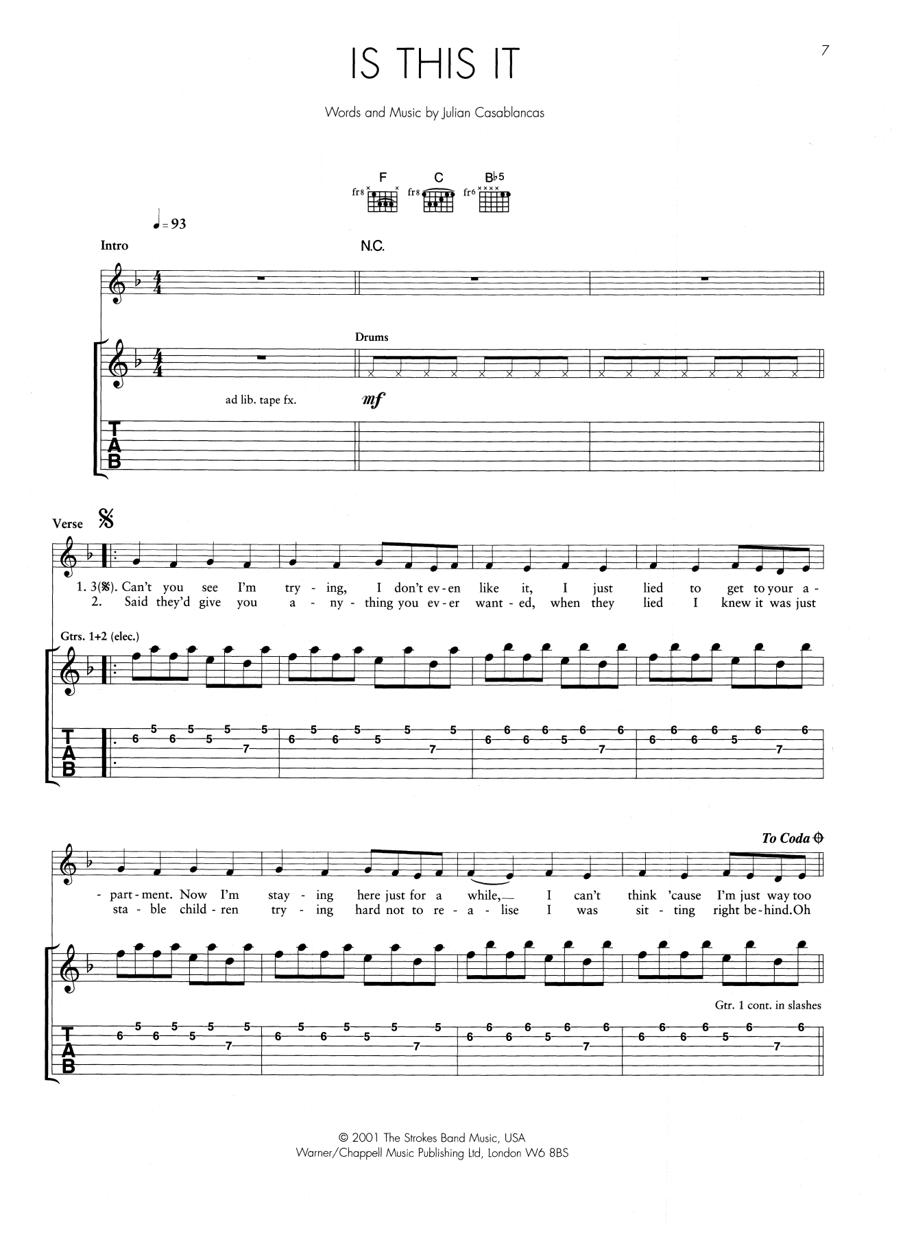 Download The Strokes Is This It Sheet Music and learn how to play Guitar Tab PDF digital score in minutes