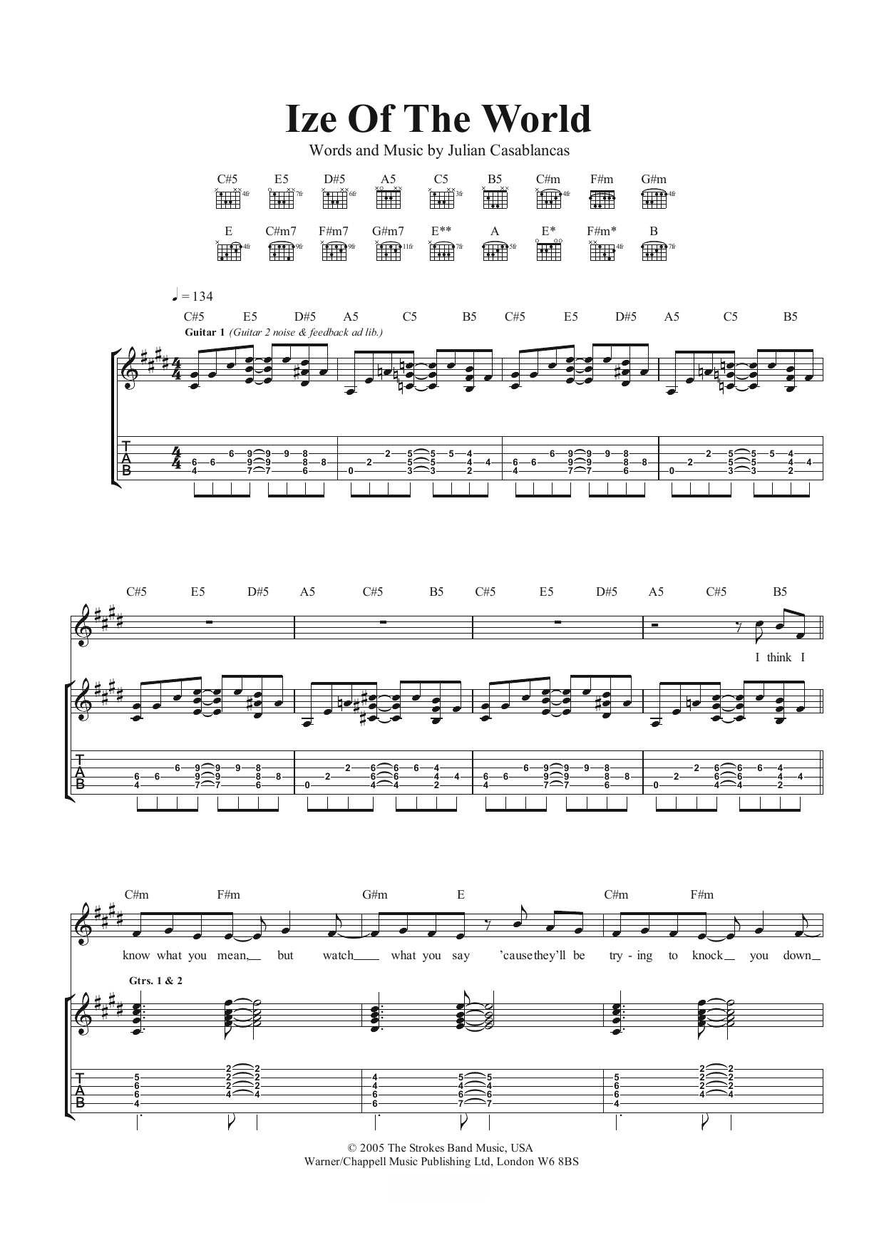 Download The Strokes Ize Of The World Sheet Music and learn how to play Guitar Tab PDF digital score in minutes