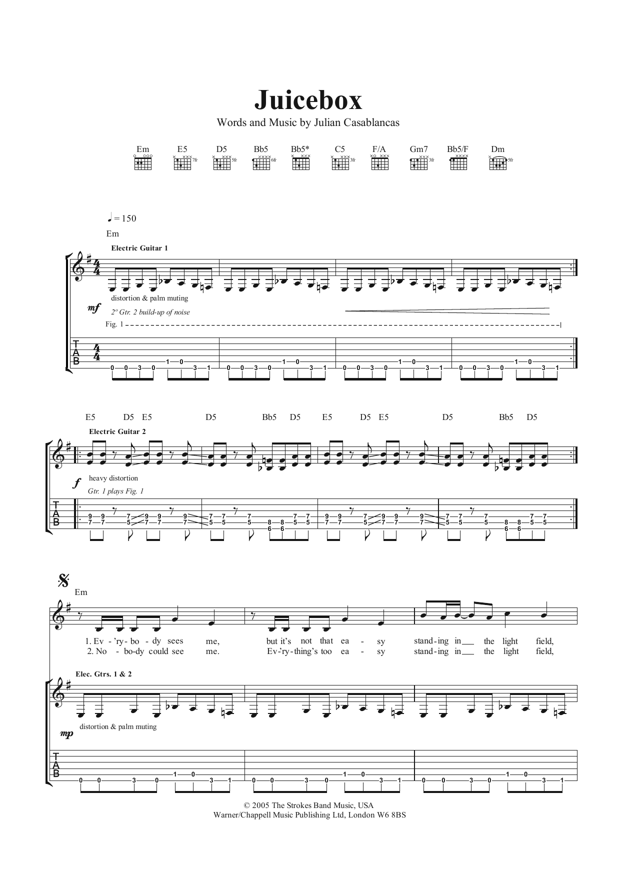 Download The Strokes Juicebox Sheet Music and learn how to play Guitar Tab PDF digital score in minutes