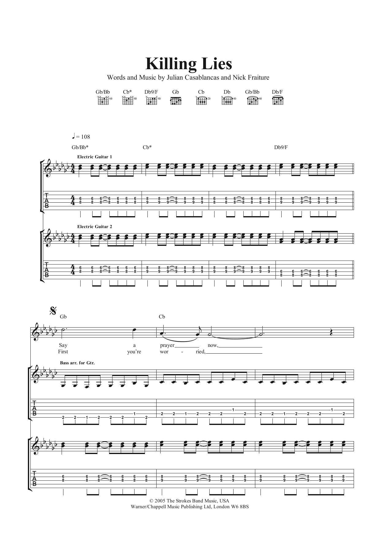 Download The Strokes Killing Lies Sheet Music and learn how to play Guitar Tab PDF digital score in minutes