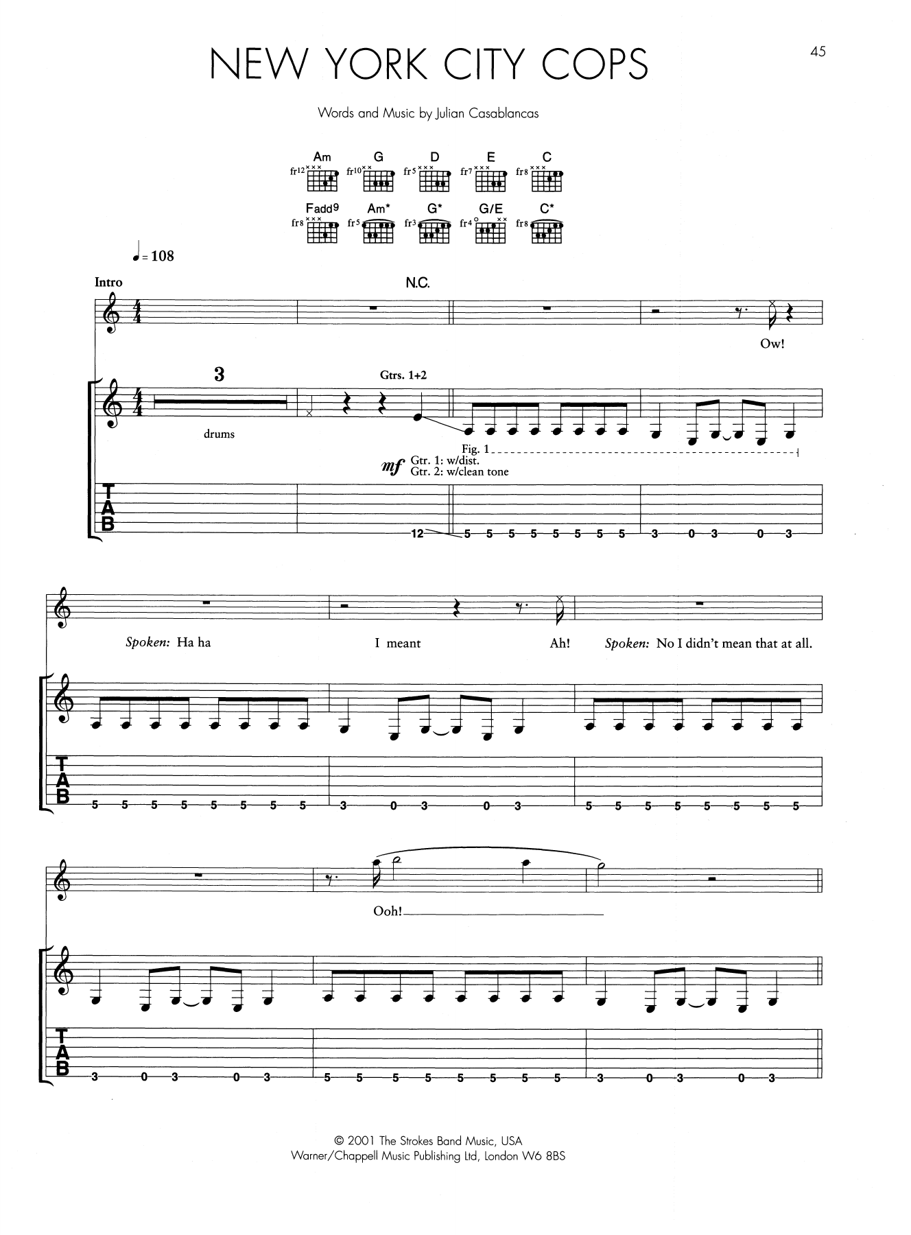 Download The Strokes New York City Cops Sheet Music and learn how to play Guitar Tab PDF digital score in minutes