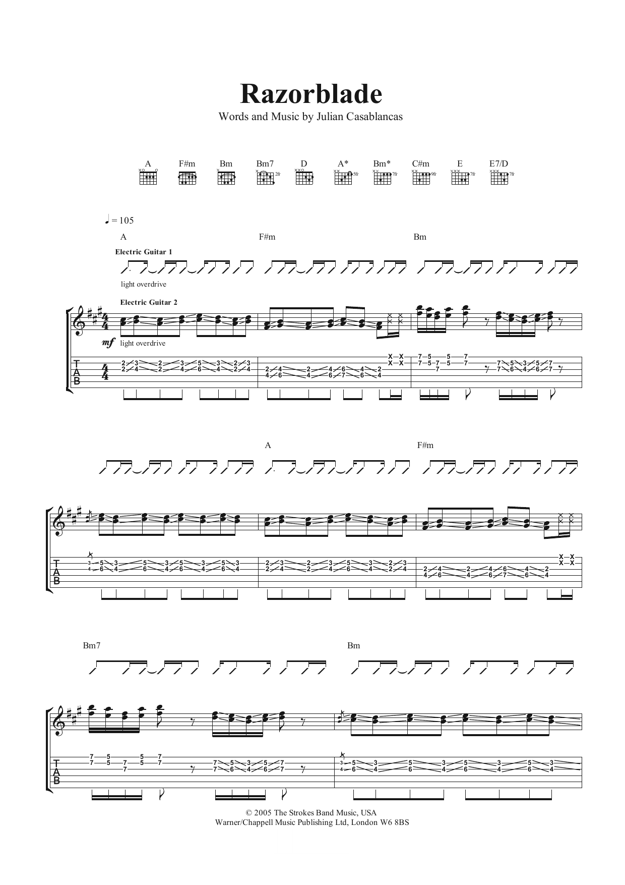 Download The Strokes Razorblade Sheet Music and learn how to play Guitar Tab PDF digital score in minutes