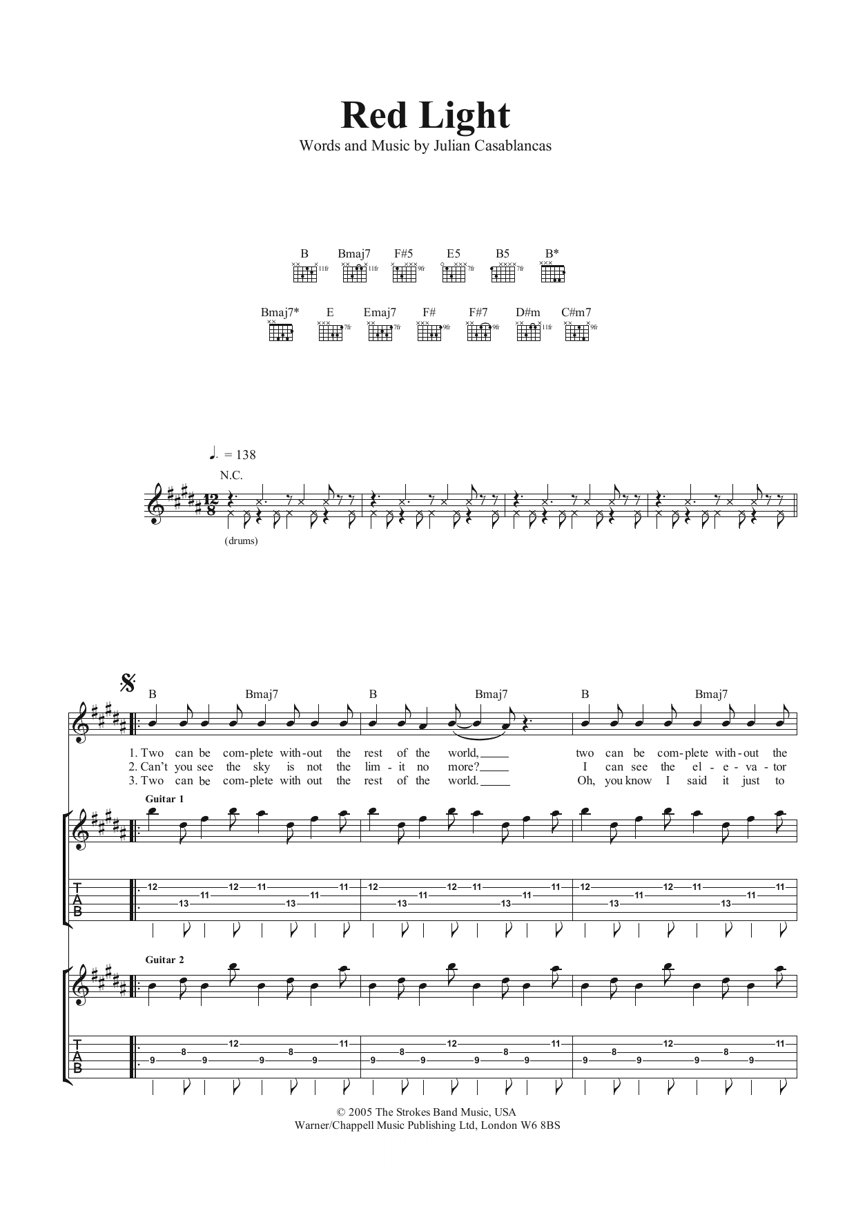 Download The Strokes Red Light Sheet Music and learn how to play Guitar Tab PDF digital score in minutes