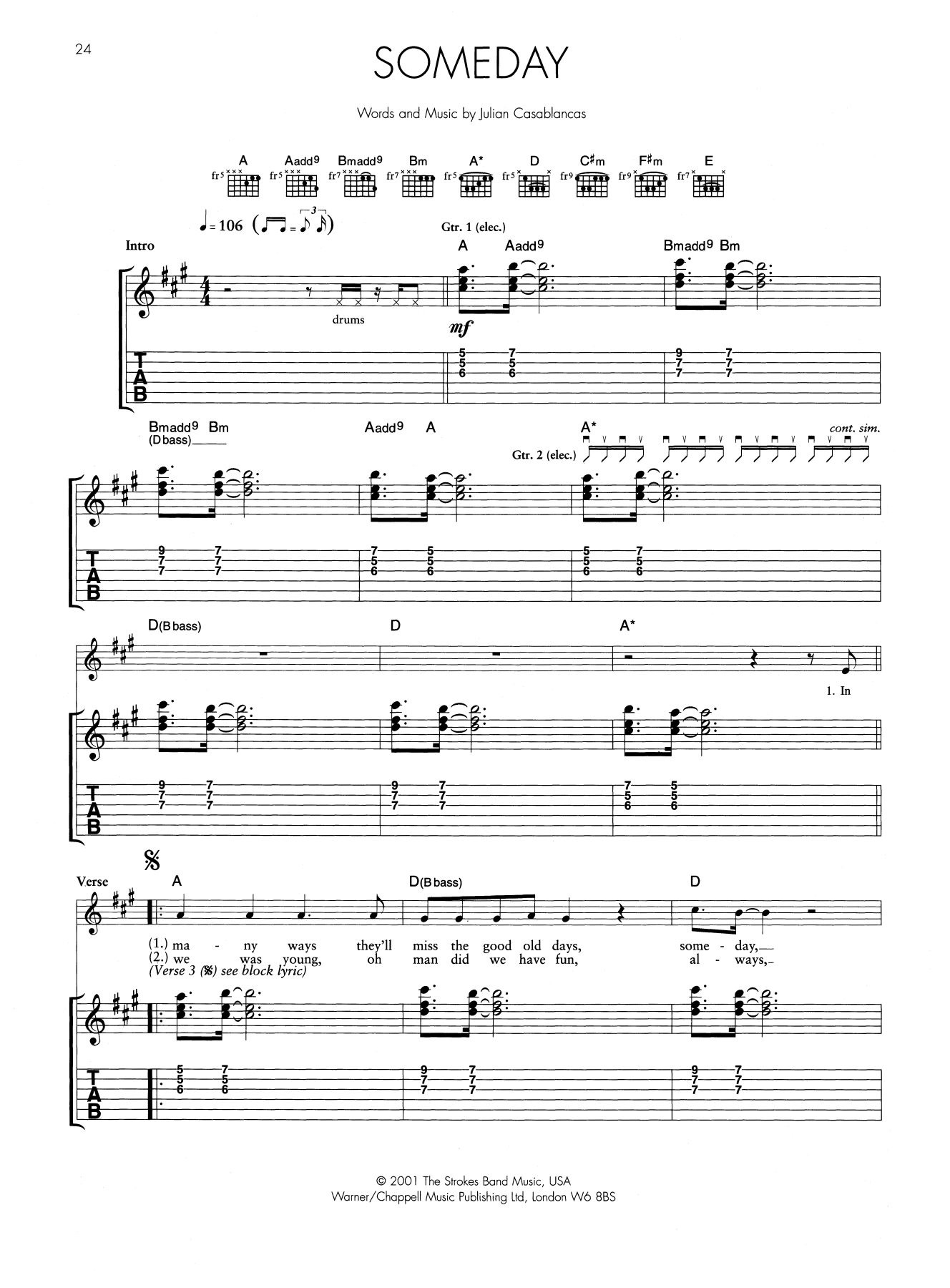 Download The Strokes Someday Sheet Music and learn how to play Guitar Tab PDF digital score in minutes