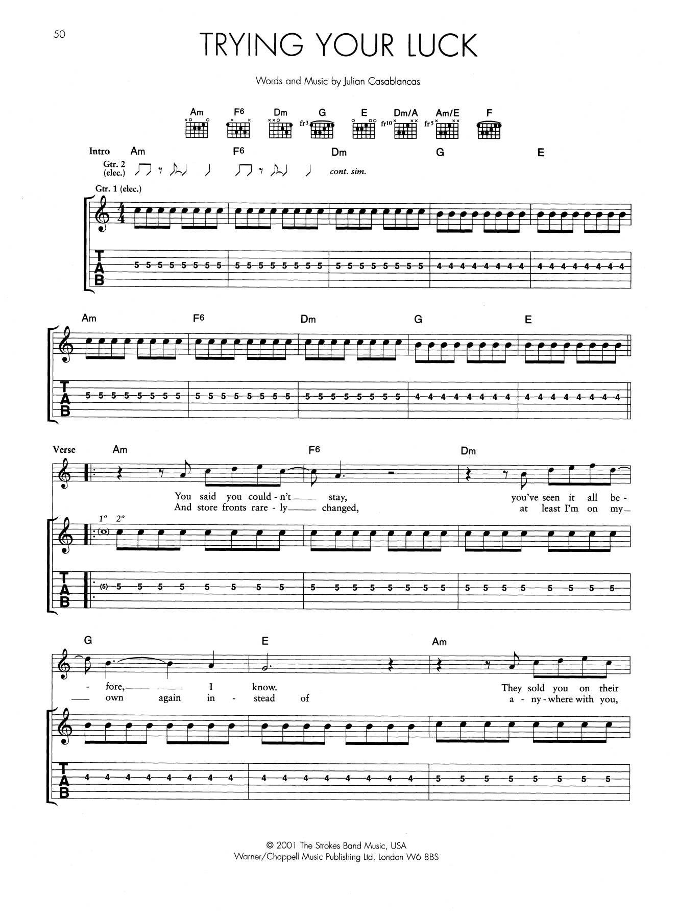 Download The Strokes Trying Your Luck Sheet Music and learn how to play Guitar Tab PDF digital score in minutes