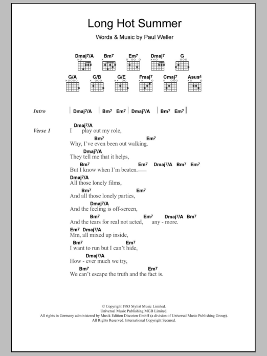 Download The Style Council Long Hot Summer Sheet Music and learn how to play Lyrics & Chords PDF digital score in minutes