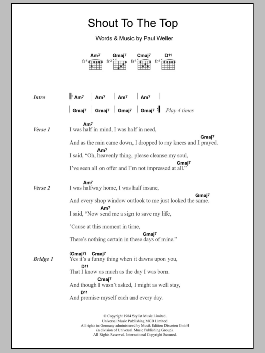 Download The Style Council Shout To The Top Sheet Music and learn how to play Lyrics & Chords PDF digital score in minutes