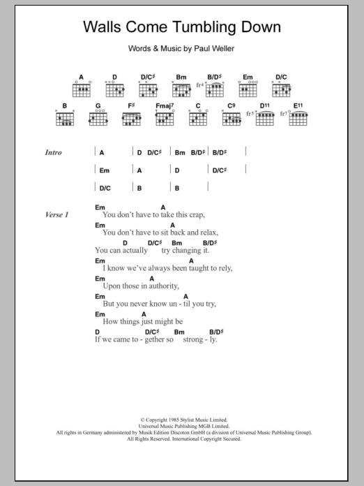 Download The Style Council Walls Come Tumbling Down Sheet Music and learn how to play Lyrics & Chords PDF digital score in minutes