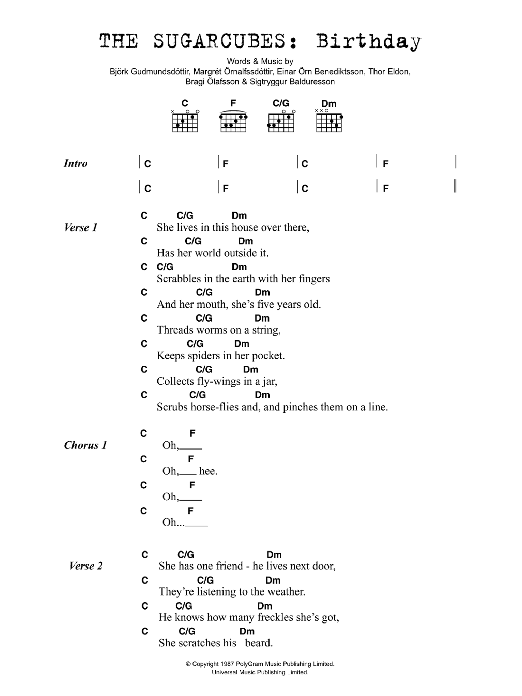 Download The Sugarcubes Birthday Sheet Music and learn how to play Lyrics & Chords PDF digital score in minutes