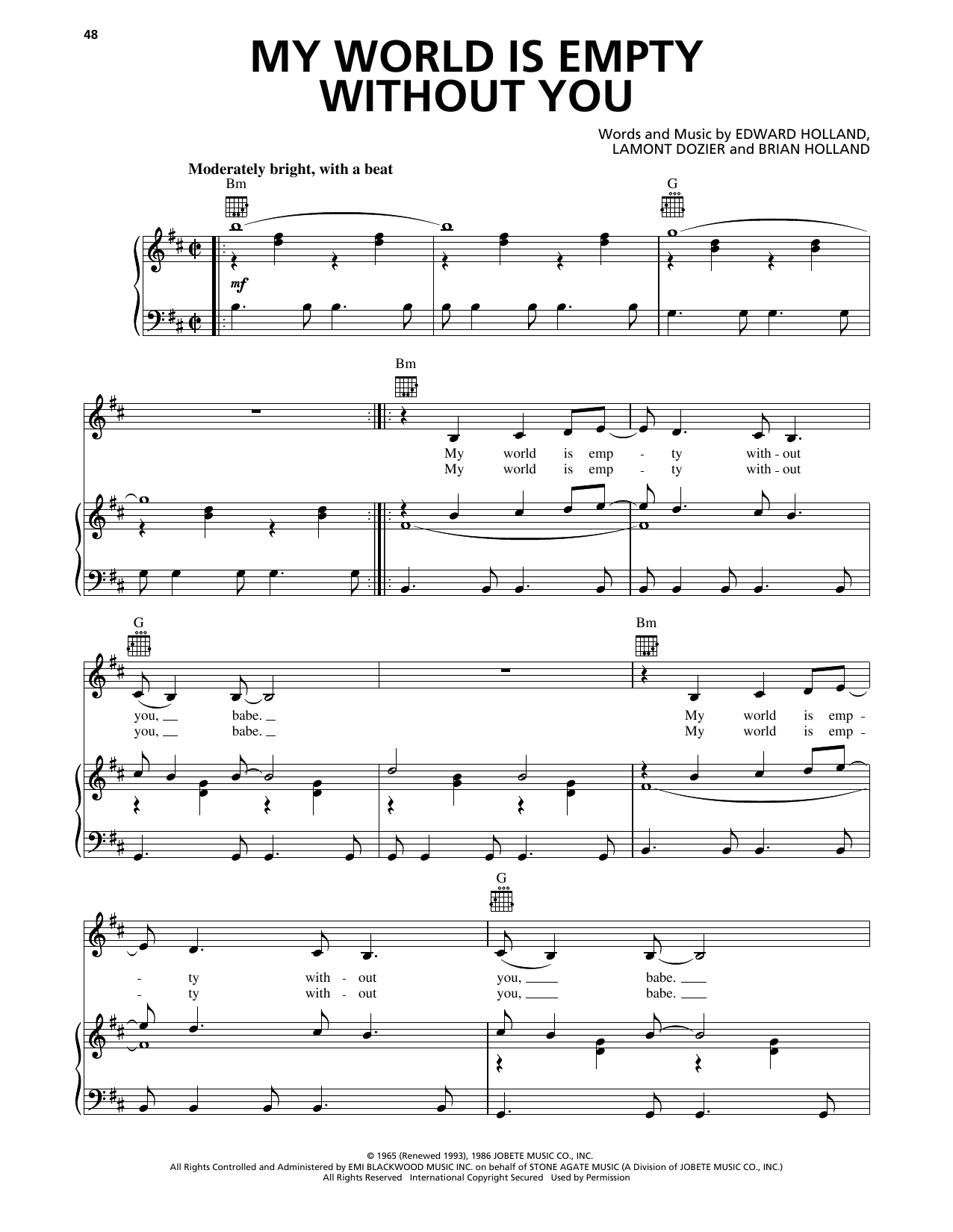 Download The Supremes My World Is Empty Without You Sheet Music and learn how to play Piano, Vocal & Guitar Chords (Right-Hand Melody) PDF digital score in minutes