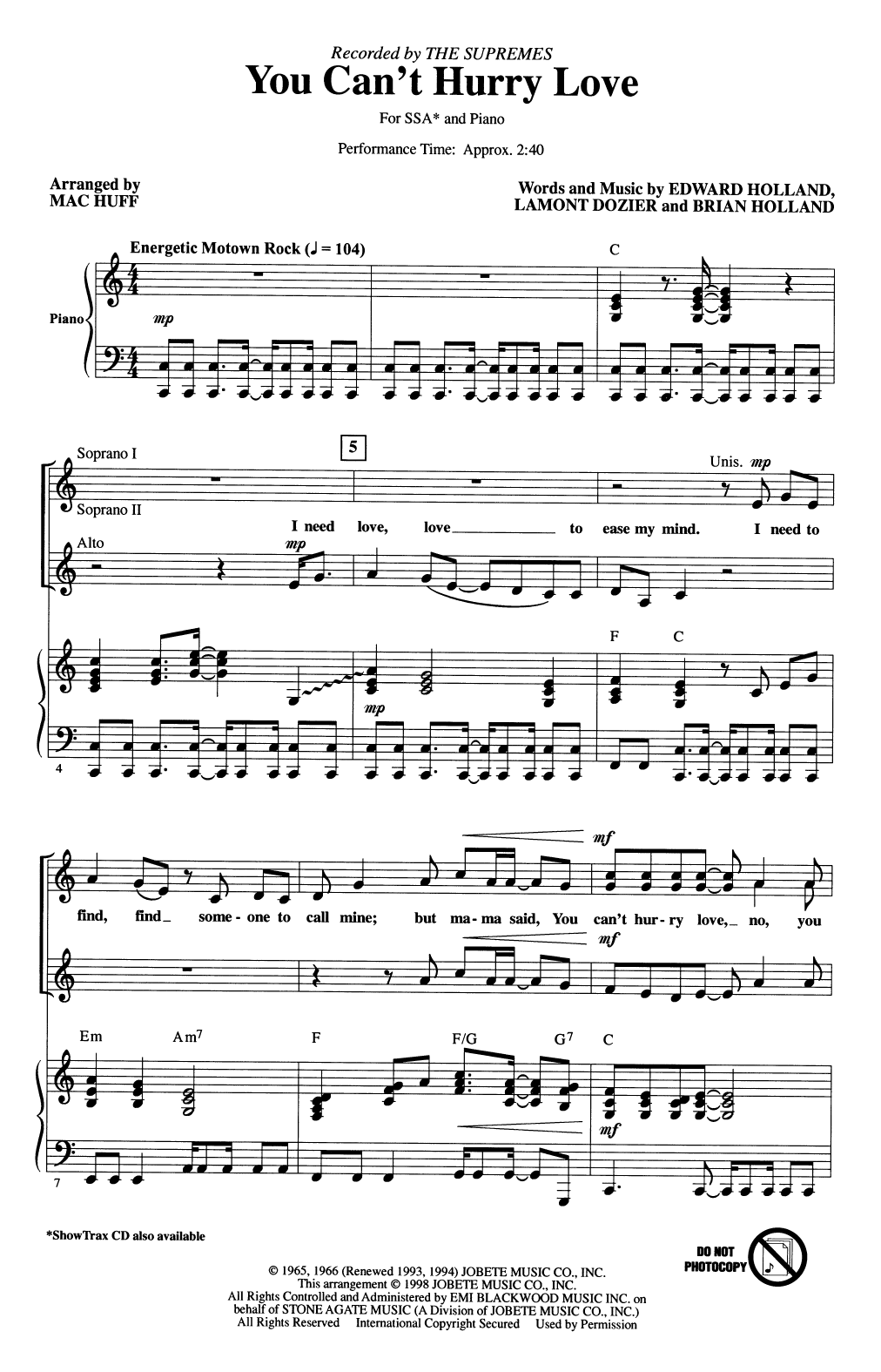 Download The Supremes You Can't Hurry Love (arr. Mac Huff) Sheet Music and learn how to play SSA Choir PDF digital score in minutes