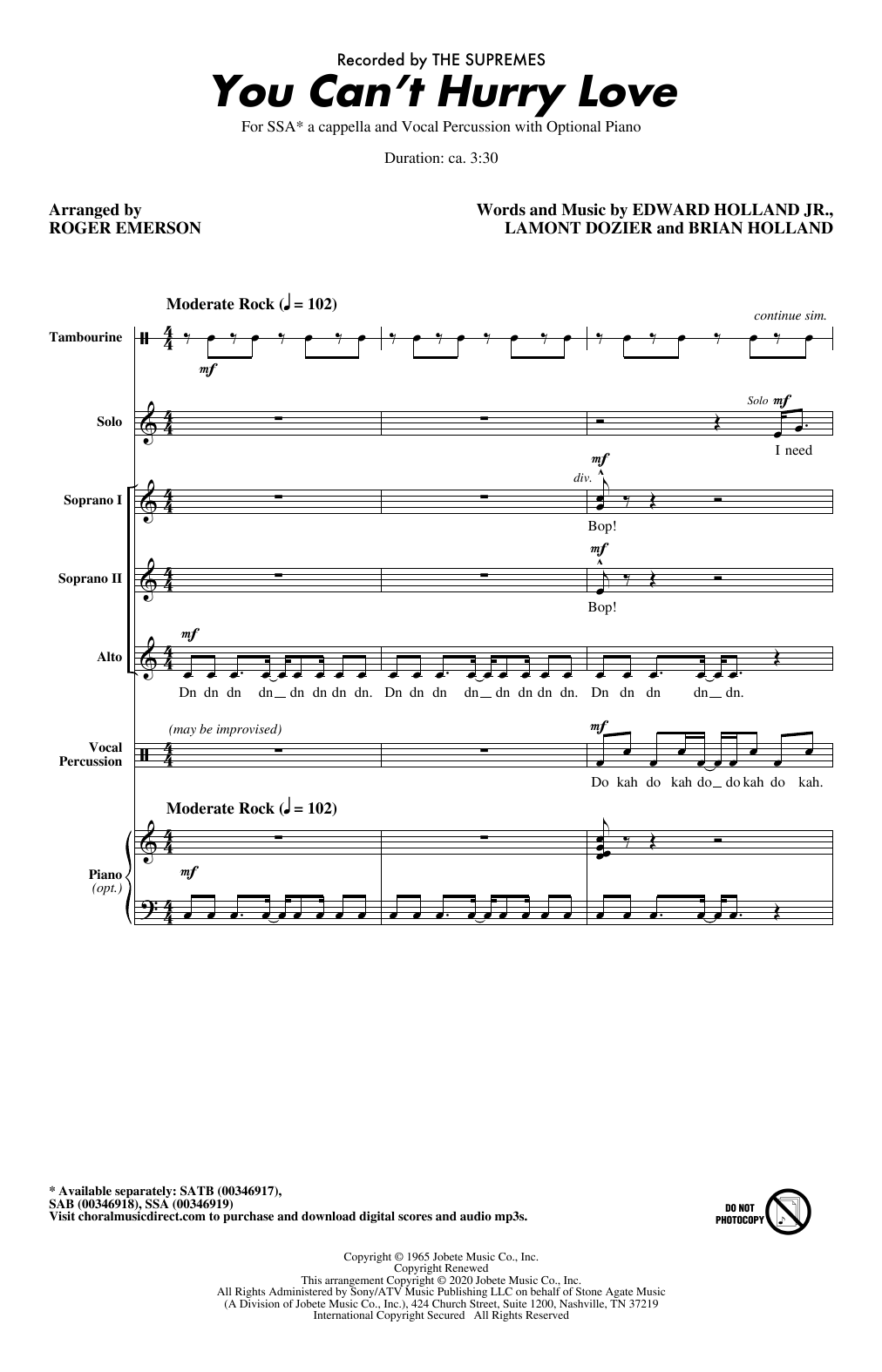 Download The Supremes You Can't Hurry Love (arr. Roger Emerson) Sheet Music and learn how to play SATB Choir PDF digital score in minutes
