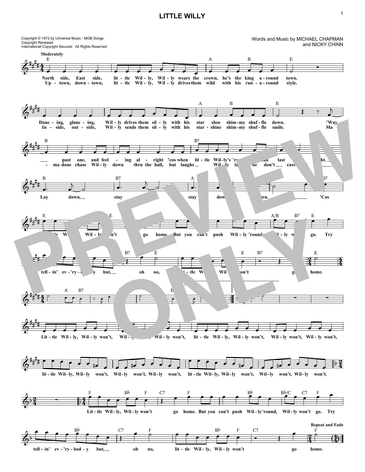 Download The Sweet Little Willy Sheet Music and learn how to play Melody Line, Lyrics & Chords PDF digital score in minutes