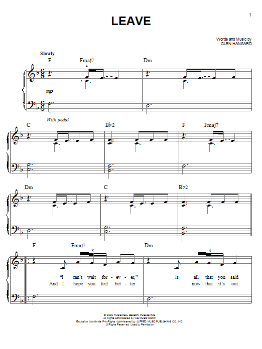 Download The Swell Season Leave Sheet Music and learn how to play Easy Piano PDF digital score in minutes