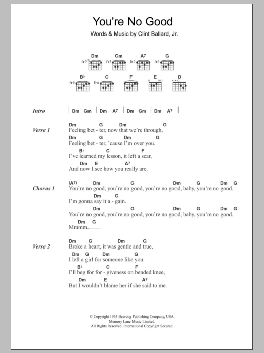 Download The Swinging Blue Jeans You're No Good Sheet Music and learn how to play Lyrics & Chords PDF digital score in minutes