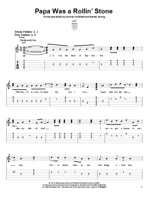 Download The Temptations Papa Was A Rollin' Stone Sheet Music and learn how to play Easy Guitar PDF digital score in minutes