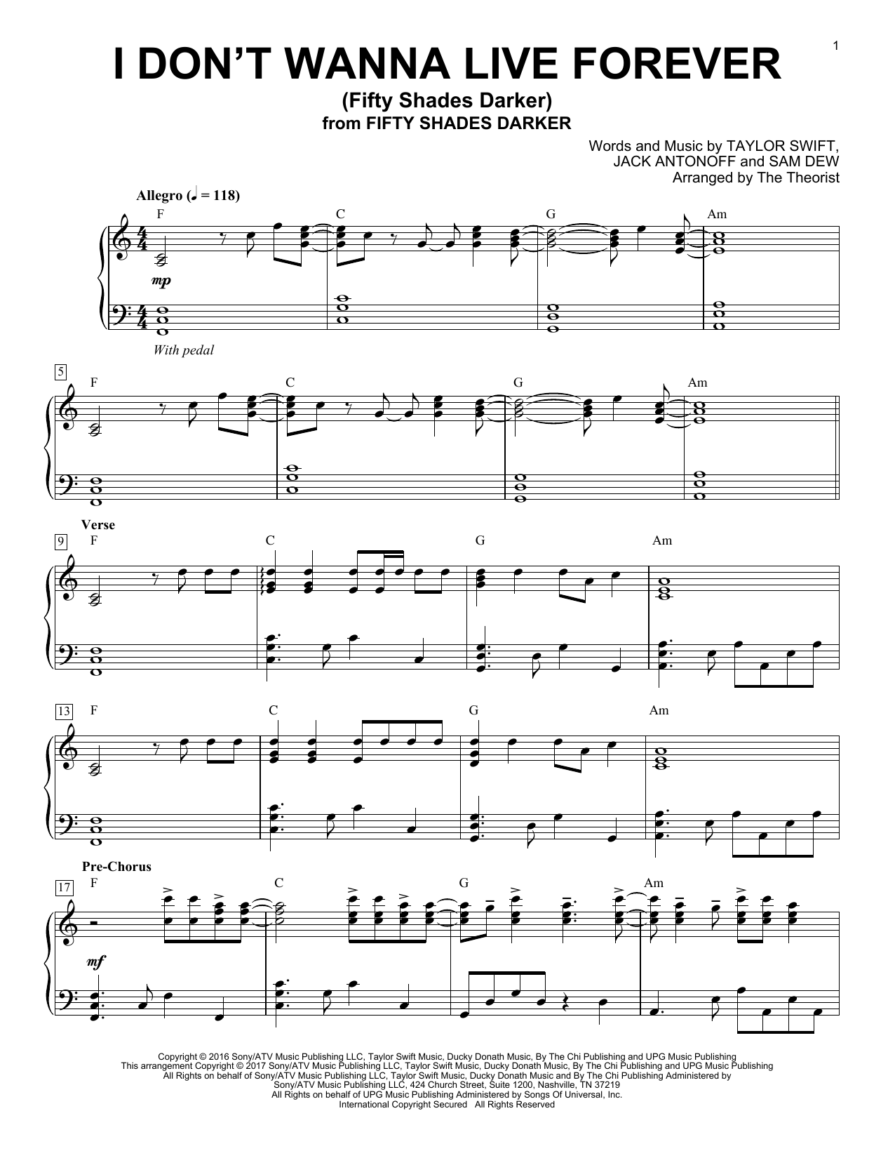 Download The Theorist I Don't Wanna Live Forever (Fifty Shades Darker) Sheet Music and learn how to play Piano Solo PDF digital score in minutes