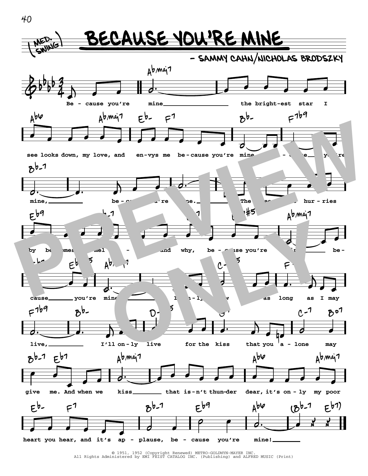 Download The Three Tenors Because You're Mine (Low Voice) Sheet Music and learn how to play Real Book – Melody, Lyrics & Chords PDF digital score in minutes