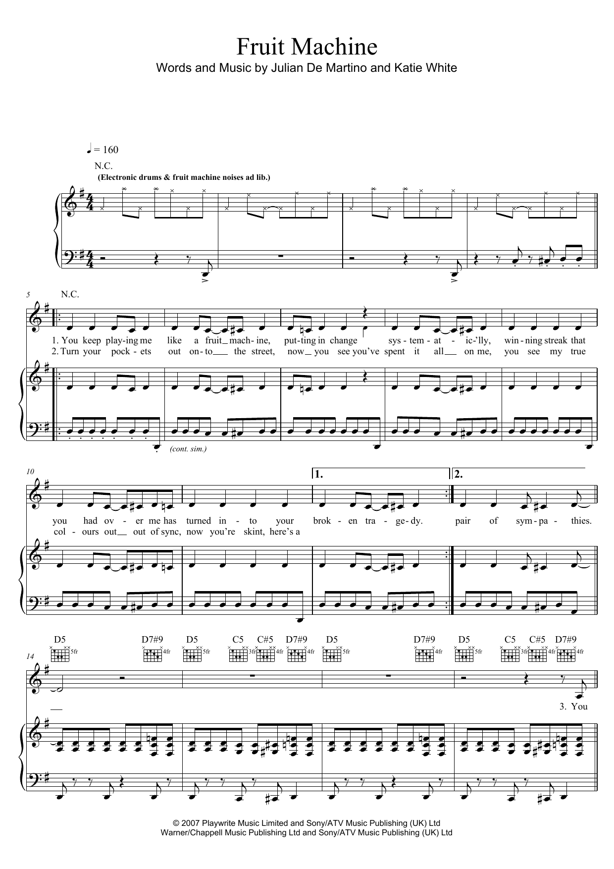 Download The Ting Tings Fruit Machine Sheet Music and learn how to play Piano, Vocal & Guitar (Right-Hand Melody) PDF digital score in minutes